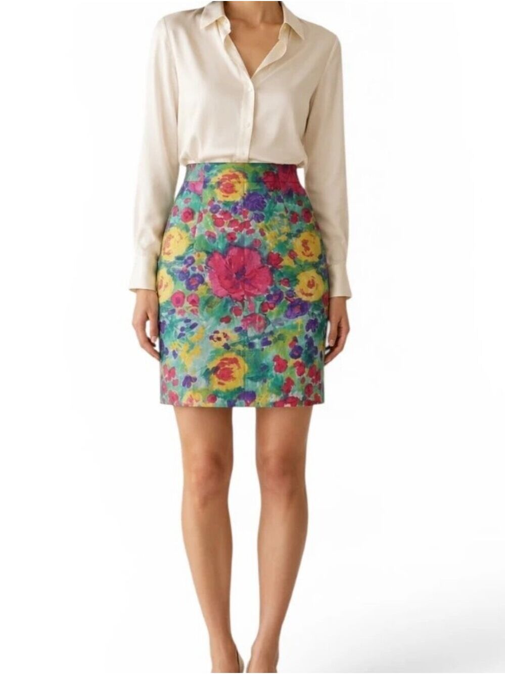 The Limited Floral Watercolor Pencil Skirt Size 10 Bright Spring Garden Print